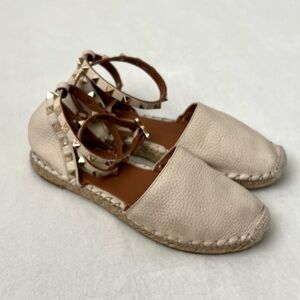 Valentino Ivory Leather Rockstud Ankle Wrap Espadrille Flats